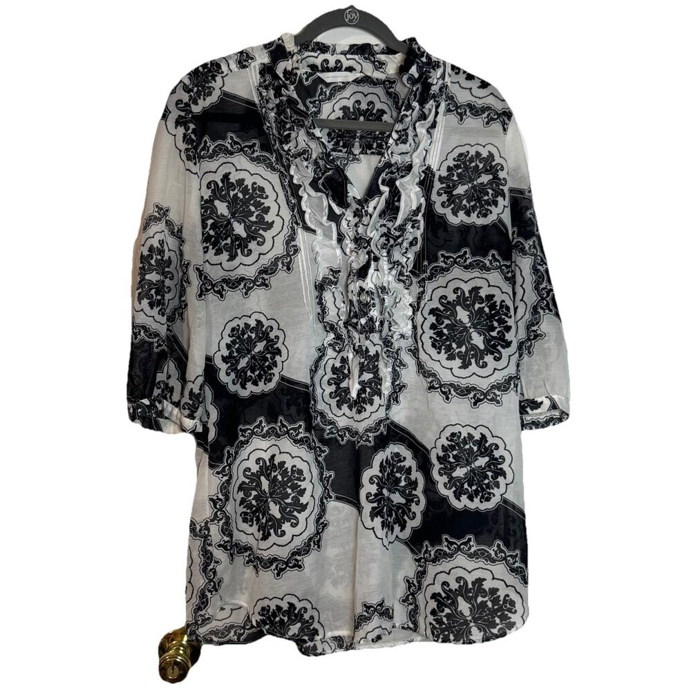 New York & Company Black And White Sheer Blouse, Ruffles, 100% Polyester, Large - Picture 2 of 10
